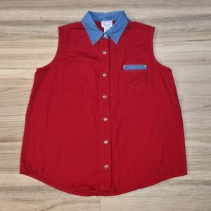 Vintage 90s Country Summer Demin Red Button Up Sleeveless Top Vest Plus 18W